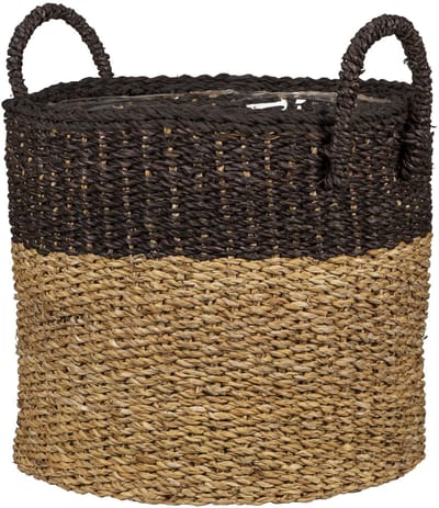 Mandmand/mand-plantenbak/mandpot met handgrepen van zeegras, kleur: groef bruin, 38 cm diameter, 33 cm hoog, 37,4 l vol.