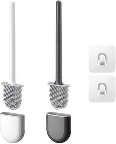 2 stuks siliconen wc-borstel, toiletborstel, wc-borstel met platte en buigzame kop, wc-borstel wandmontage met houder, toiletborstelhouder zonder boren, modern onderhoudsvriendelijk