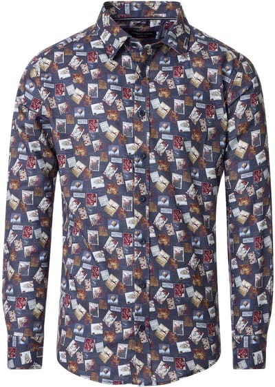 CASA MODA Sport casual fit overhemd - twill - donkerblauw met wit en rood postzegel dessin - Strijkvriendelijk - Boordmaat: 49 - 50