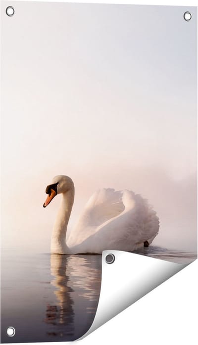 Gards Tuinposter Zwaan in het Water tijdens de Mist - 40x60 cm - Tuindoek - Tuindecoratie - Wanddecoratie buiten - Tuinschilderij