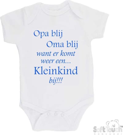 100% katoenen Romper "Opa blij Oma blij want er komt weer een kleinkind bij!!!" Jongens Katoen Wit/blauw Maat 56/62