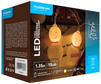 Modee Lichtsnoer Kerstballen Sneeuwmannen 1.35 Meter - Kerstverlichting voor Binnen - Inclusief 3xAA Batterijen - 10 LED Lampjes IP20 - 2700K - Warm Wit Licht - Per stuk