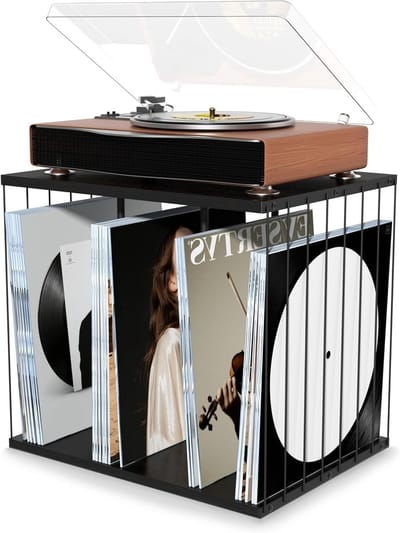 Vintage Vinyl Record Stand van Hout met 3 Compartimenten voor tot 100 Albums, Multifunctionele Plank voor Woonkamer en Kantoor in Zwart