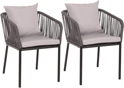 Set van 2 tuinstoelen MCW-N41, armleuning voor buiten, weerbestendig aluminium touwvlechtwerk Touw ~ antraciet Kussen grijs