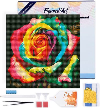 Figured'Art Mini Diamond Painting set Volwassenen 25x25 cm met lijst Veelkleurige Roos - 5D DIY Art full drill ronde diamant - Canvas al ingelijst