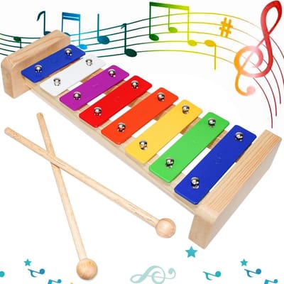 Kleurrijke houten xylofoon met 8 toetsen en 2 chimes - Muzikaal speelgoed voor kinderen en volwassenen, perfect als pedagogisch cadeau voor kinderen vanaf 1 jaar