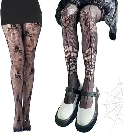 2 Paar Halloween Visnet Kousen Zwart met Skulls en Spinnen - Perfect voor Kostuums, Feestjes en Thema Events