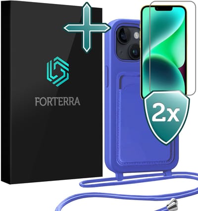 Hoesje Geschikt voor iPhone 14 Plus Pashouder Case Siliconen Hoes Met Koord Met 2x Screenprotector - Hoes Geschikt voor iPhone 14 Plus Met Telefoonkoord Hoesje Back Cover Met Pasjeshouder - Felblauw