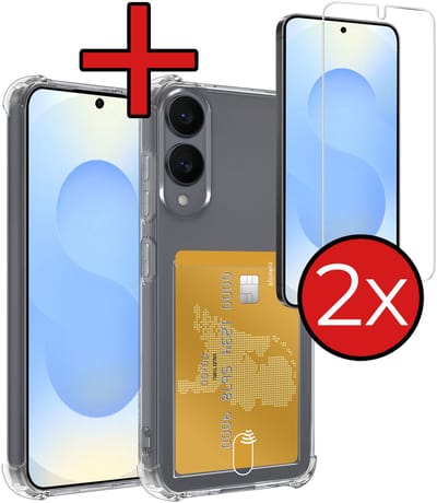 Hoesje - Geschikt voor Samsung Galaxy S25 Edge - Met 2x Screenprotector - Pashouder - Kaarthouder - Back Cover - Telefoon Hoes Shockproof - Siliconen Case - Shock Proof - Pasjes Houder - Telefoonhoes - Transparant