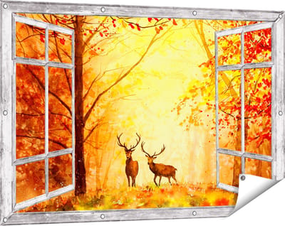 Gards Tuinposter Doorkijk Getekende Herten in het Bos - Herfst - 120x80 cm - Tuindoek - Tuindecoratie - Wanddecoratie buiten - Tuinschilderij