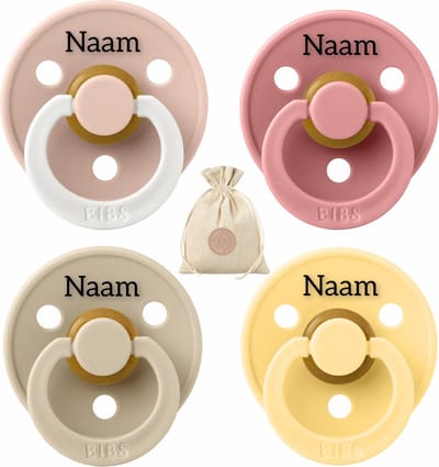 BIBS fopspenen met naam - T2 -Dusty Pink, Vanilla, Pale Butter, Glow Blush - 6-18 maanden - spenen - speen - fopspeen - BolleToet speenzakje