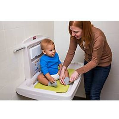 Rubbermaid® babyverschoonstation, voor horizontale wandmontage, antimicrobieel, opvouwbaar, plank, houder voor maximaal 40 pads, PP, platinum