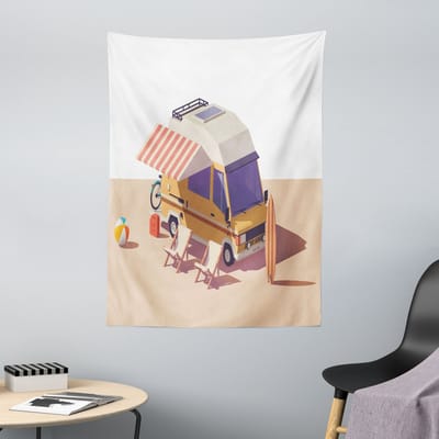 ABAKUHAUS RV Wandtapijt, Klassieke Station RV Camper met 2 Stoelen en Surfplank, 110 x 150 cm, Meerkleurig