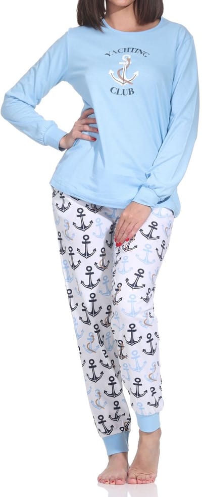 Lange Normann damespyjama met manchetten in nautische look - ook in grote maten