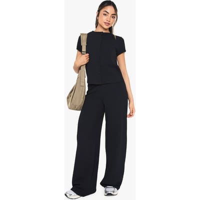 boohoo Dames Crinkle Rib Button-Through Cap Sleeve Top en Broek Set | Zwart | Maat: 42