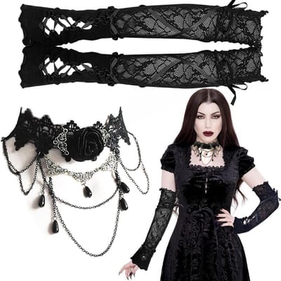 Dailygoods - Lange Kant Handschoenen, Kant Handschoenen Zwart en Gothic Tattoo Chokers Roos Prom Opera Wanten Handschoenen voor Vrouwen en Meisjes Vingerloos Elleboog Lengte Vintage Mesh Handschoenen Lolita
