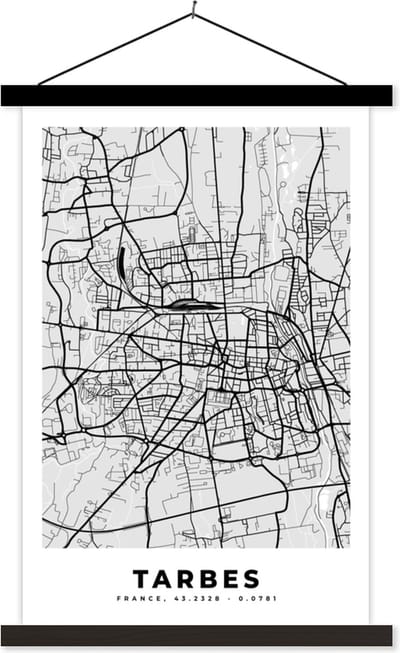 Posterhanger incl. Poster 40x60 cm - Schoolplaat - Frankrijk - Plattegrond - Kaart - Tarbes - Stadskaart - Textielposter - Zwarte latten - Stadskaart