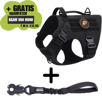 Always Prepared® Combi-Deal Pro – Hondentuig + Korthouder – Anti-Trek Harnas – Zwart – Maat M/L – Voor Middelgrote & Grote Honden