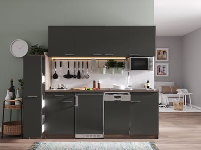 Goedkope keuken 225  cm - complete keuken met apparatuur Oliver  - Donker eiken/Grijs   - keramische kookplaat - vaatwasser     - magnetron  - spoelbak