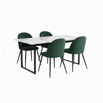 Tilst eethoek eettafel wit marmerprint 90x160 4 stoelen velours groen.