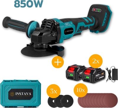 Instava Accu Haakse Slijper 125mm – 850W – 2x 4.0Ah Accu & Lader – Makita LXT 18V Compatibel – Koffer & Slijpschijven