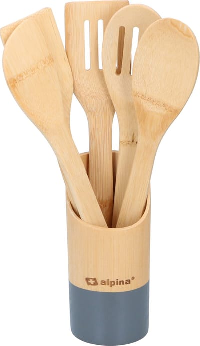 Keukengerei 5-delig 30 cm in houder naturel/blauw van bamboe - Pollepels - Spatels - Keukenspatels