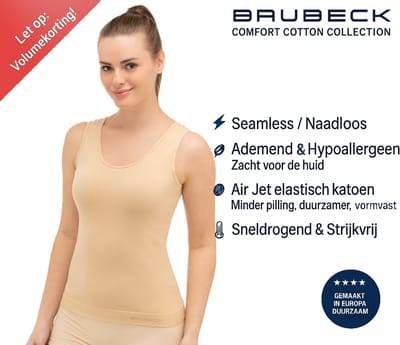 Brubeck Dames Seamless Hemd – Naadloos Katoenen Onderhemd – Ademend & Hypoallergeen - Beige - M