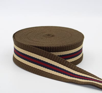 5 Meter GESTREEPTE TASSENBAND, Breedte 40MM, Kleur 15 TAUPE/BEIGE/NAVY/ROOD