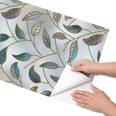Coloray Meubel Wrap Folie - Blauw Meubelfolie - 50x100 cm - Wrapfolie Keuken Gebrandschilderde bladeren - Decoratiefolie - Artistiek Meubelfolie - Meubel Wrap Folie - Woonkamer decoratie - Bloemen en planten