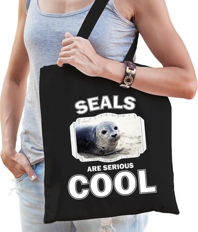 Dieren grijze zeehond katoenen tasje volw + kind zwart - seals are cool boodschappentas/ gymtas / sporttas - cadeau zeehonden fan