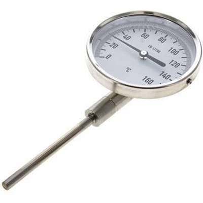 0 tot +160°C RVS Bimetalen Thermometer 100mm Behuizing 100mm Dompelbuis Onderaansluiting - TBLUSH-160-100-100