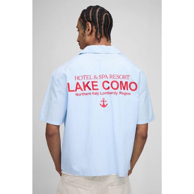 Oversized Boxy Revere Lake Como Geborduurde Streep-shirt | Blue | Size XS