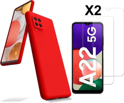 Hoesje Geschikt Voor Samsung Galaxy A22 5G Hoesje siliconen Rood zacht siliconen hoesje TPU backcover - Met Screenprotector - 2 stuks