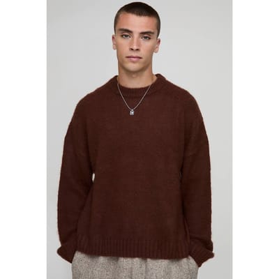 Boxy pasvorm geborstelde verlengde nek gebreide trui | Chocolate | Size XS