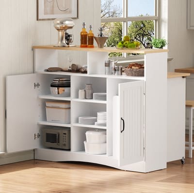MEUNIQ keukenkast en keukeninsel 110 x 34-68 x 97,5 cm met uitklapbaar werkblad, op wielen, verstelbare planken, opbergruimte en 2 krukken voor keuken en eetkamer, wit