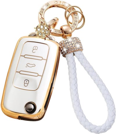 Allecto - Car Key Case - Sleutelbescherming - Soft TPU - Goud Wit - Sleutelhanger - Bescherming tegen krassen - Geschikt voor Touran G-o-l-f 4 5 6 ...