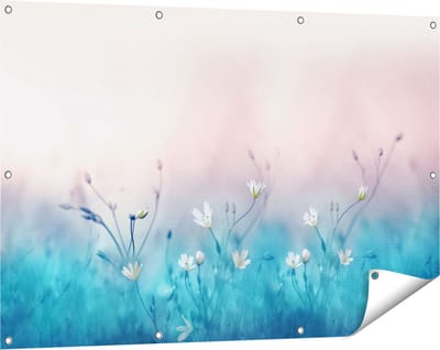 Gards Tuinposter Witte Bloemen op een Blauw Achtergrond - 120x80 cm - Tuindoek - Tuindecoratie - Wanddecoratie buiten - Tuinschilderij