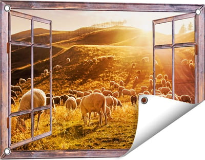Gards Tuinposter Doorkijk Schapen in de Heuvels bij Zonsondergang - 60x40 cm - Tuindoek - Tuindecoratie - Wanddecoratie buiten - Tuinschilderij