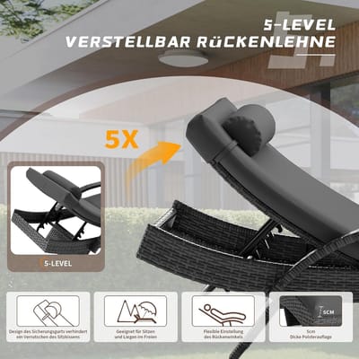 Zonneligstoel 190x71x90 cm – 5-voudig verstelbare rugleuning, weerbestendige rotan ligstoel met kussen en hoofdkussen, luxe tuinstoel voor balkon en terras – donkergrijs – Nicolehome