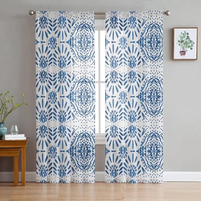 Textuur Patroon Etnische Stijl Tule Gordijnen Woonkamer Keuken Chiffon Gordijn Slaapkamer Balkon Transparant Gordijn Mode Huisdecoratie 135W x 114H(cm) white