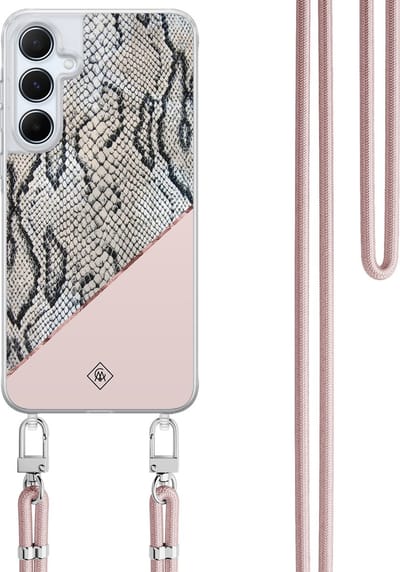 Casimoda® hoesje met koord - Geschikt voor Samsung A15 - Snake Print - Afneembaar koord - TPU/polycarbonaat - Roze