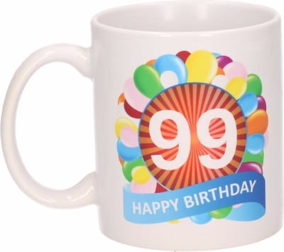 Beallatio Decorations - 99 jaar Verjaardag koffiemok - cadeau beker - feestelijke ballonnen print - 300 ml - keramiek - wit