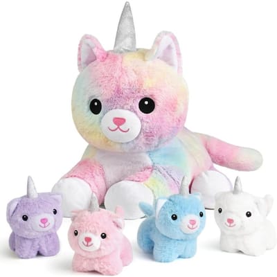 Zacht Pluche Mama Knuffeldier met 4 Baby's in de Buik Eenhoorn Kat Thema Cadeau voor Kinderen Leeftijd 0-8 Kerst Verjaardagscadeau United States white