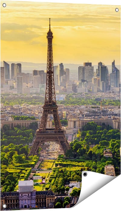 Gards Tuinposter Skyline van Parijs met de Eiffeltoren - 60x90 cm - Tuindoek - Tuindecoratie - Wanddecoratie buiten - Tuinschilderij
