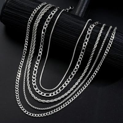 Livano Ketting - Heren - Staal - Nep zilver - Met Hanger - 5 Stuks