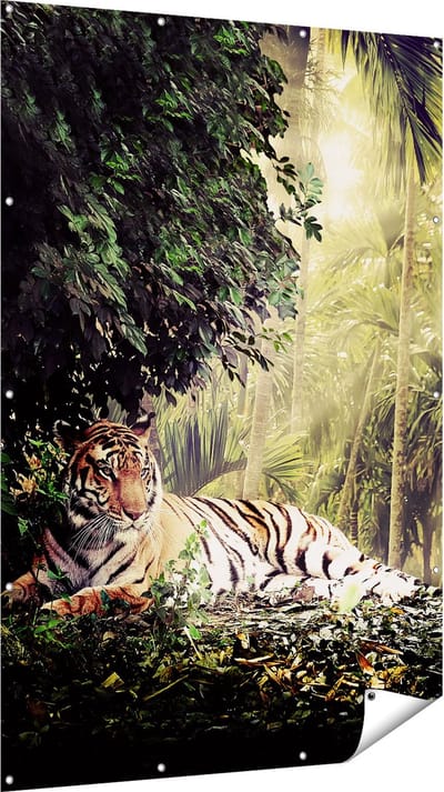 Gards Tuinposter Tijger in de Jungle met Zonneschijn - 120x180 cm - Tuindoek - Tuindecoratie - Wanddecoratie buiten - Tuinschilderij