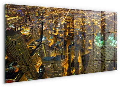 Tulup Wandklok - Stad 's nachts Glazen Wandklok Design - 60x30 cm - Geel Klok Glas Met Opdruk - Zwarte Handen - Rechthoekige Wandklok - Glazen Wandklok Design - Klok Glas Met Opdruk