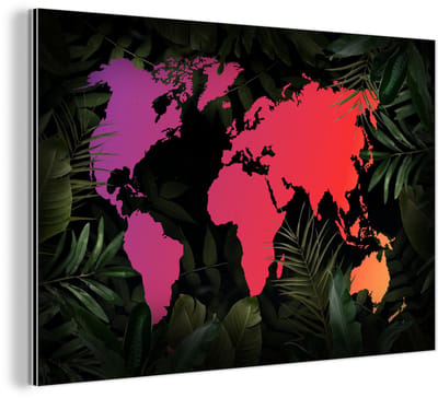 Aluminium schilderij 120x80 cm - Wanddecoratie metaal - Wereldkaart - Kleuren - Planten - Metalen muurdecoratie woonkamer - Decoratie industrieel - Foto op dibond - Industriële accessoires slaapkamer
