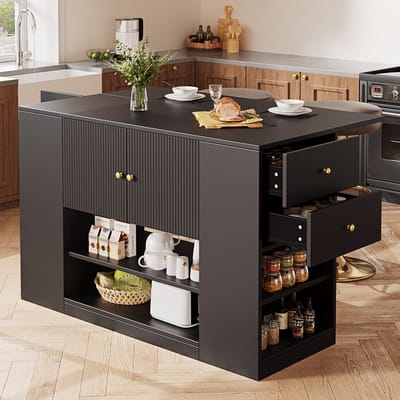 PHOEBE CAT Keukeneiland - Dressoir - Opvouwbare eettafel - 2 lades - Opbergplanken - Zwart