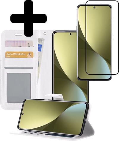 Hoesje - Met Screenprotector - Geschikt voor Xiaomi 12 - Luxe Pasjeshouder - Bookcase Portemonee - Flip Case - Kunstleer Book Case - Flipcase - Book Cover - Walletcase - Portemonneehoes - Telefoonhoesjes - Wit